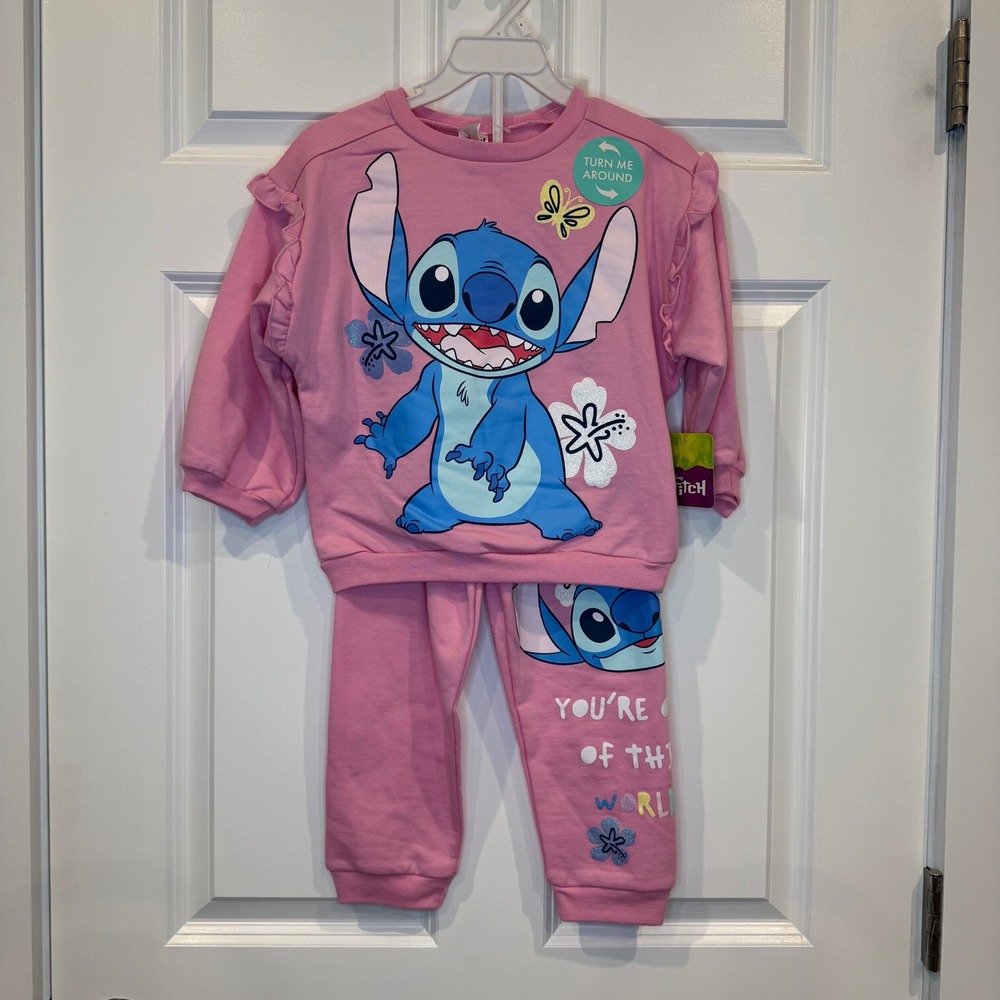 Disney Stitch Girls Outfit Set Size 4 Pink Ruffle Sleeve Top & Joggers NWT‎